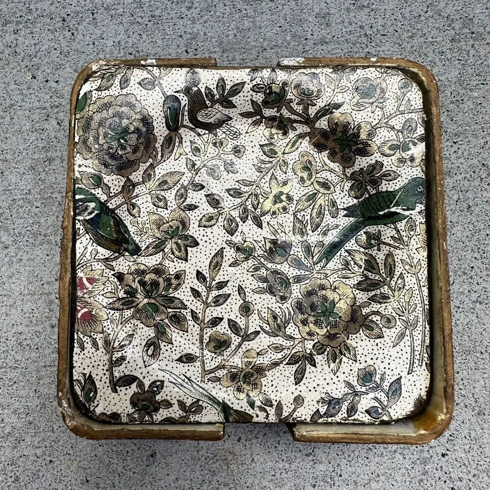 Vtg MCM Alcohol Proof Japan Coaster Set of 8 Floral Birds Paper Mache Barware‎